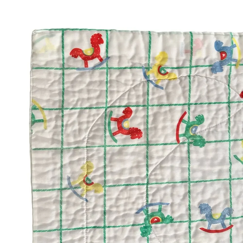 Vintage 80s Quilted White Green Grid Rainbow Rocking Horse Print Baby Blanket